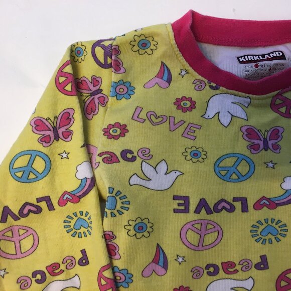 Kirkland Girls Size 2 Pajama Set Yellow Pink Peace Love 100% Organic Cotton - Picture 5 of 16